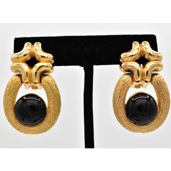 Christian Dior Vintage Cabochon Clip On Earrings Black Gold Chunky Signed BinU